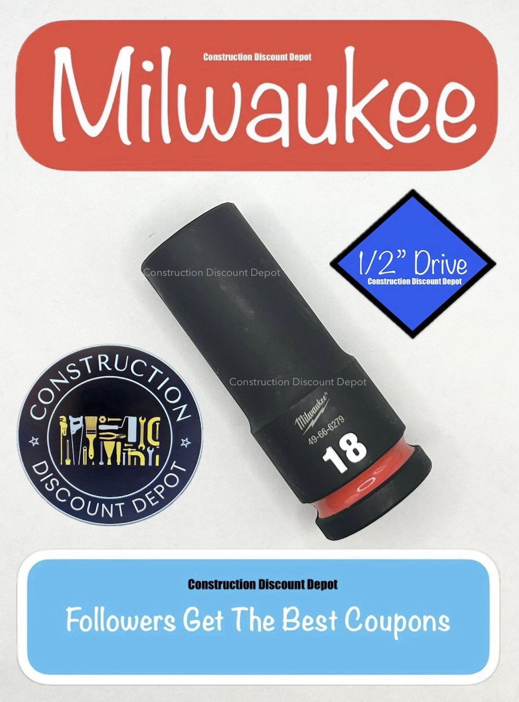 Milwaukee 49-66-6279 18MM Shockwave Impact Duty 1/2" Drive Deep Socket 18 mm