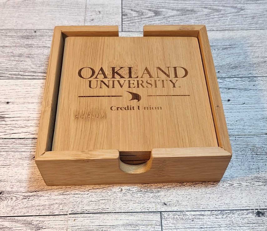 Oakland University Credit Union Branded Bamboo Coaster Set