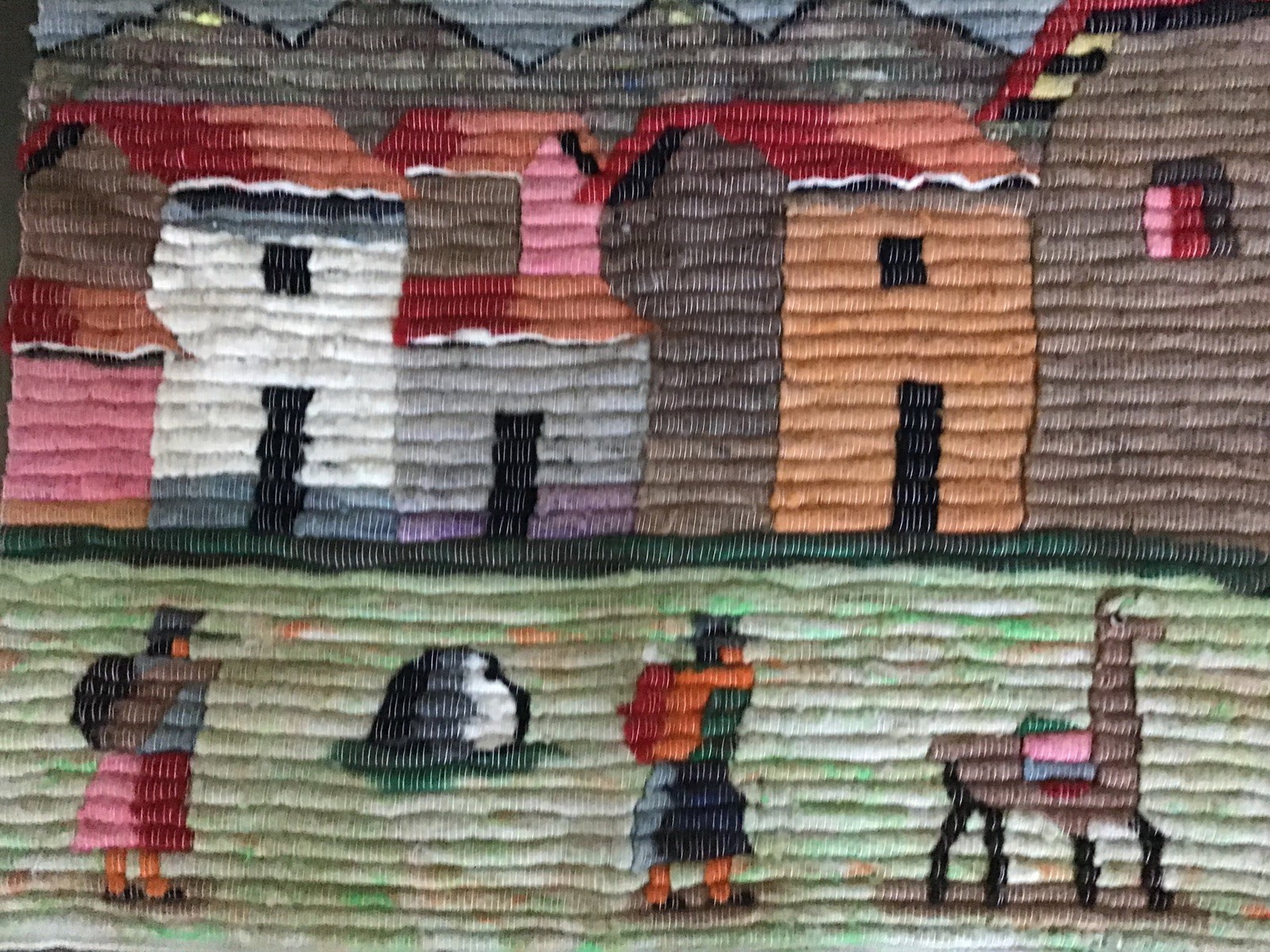 Vintage Peruvian Wool Hand -Woven Folk Art Tapestry -Village & People 36x34
