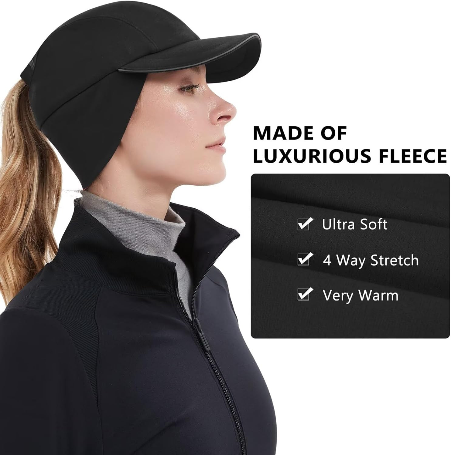 Women's Reflective Fleece Winter Hat with Ear Warmer for Ponytails