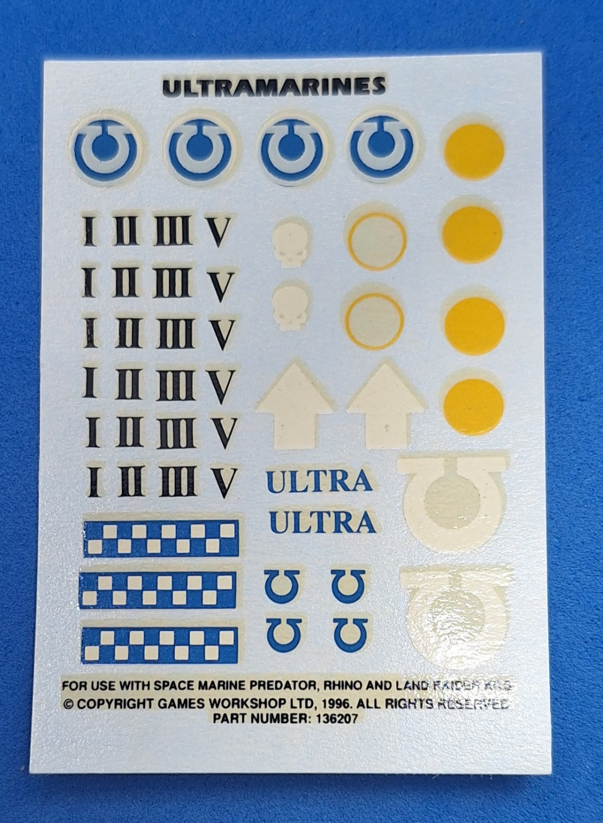 Warhammer 40k Space Marine Ultramarines Vehicle Tank Transfer Decal Sheet 1996