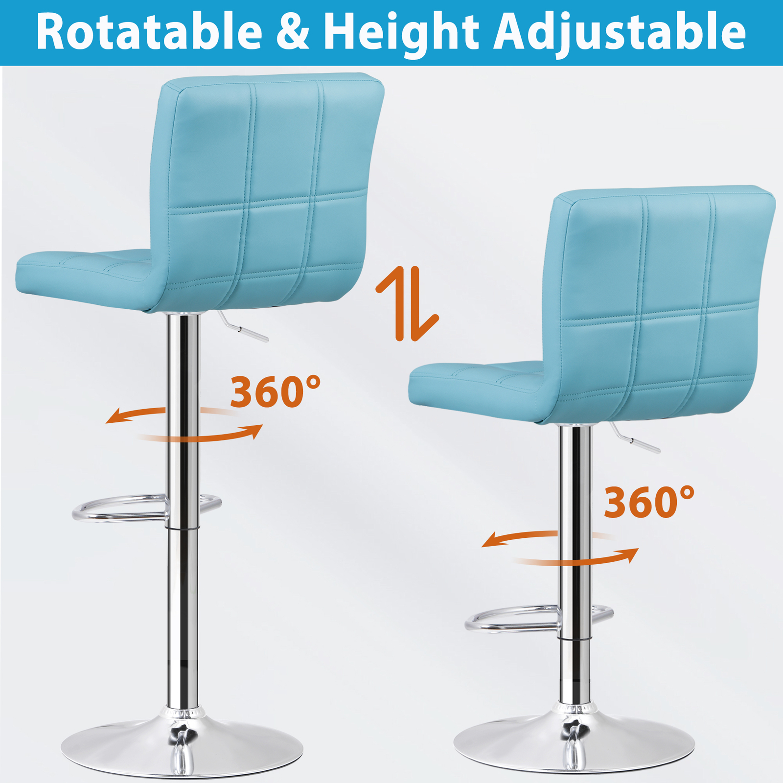 2PCS Bar Stools Blue PU Leather Height Adjustable Swivel Barstools Armless