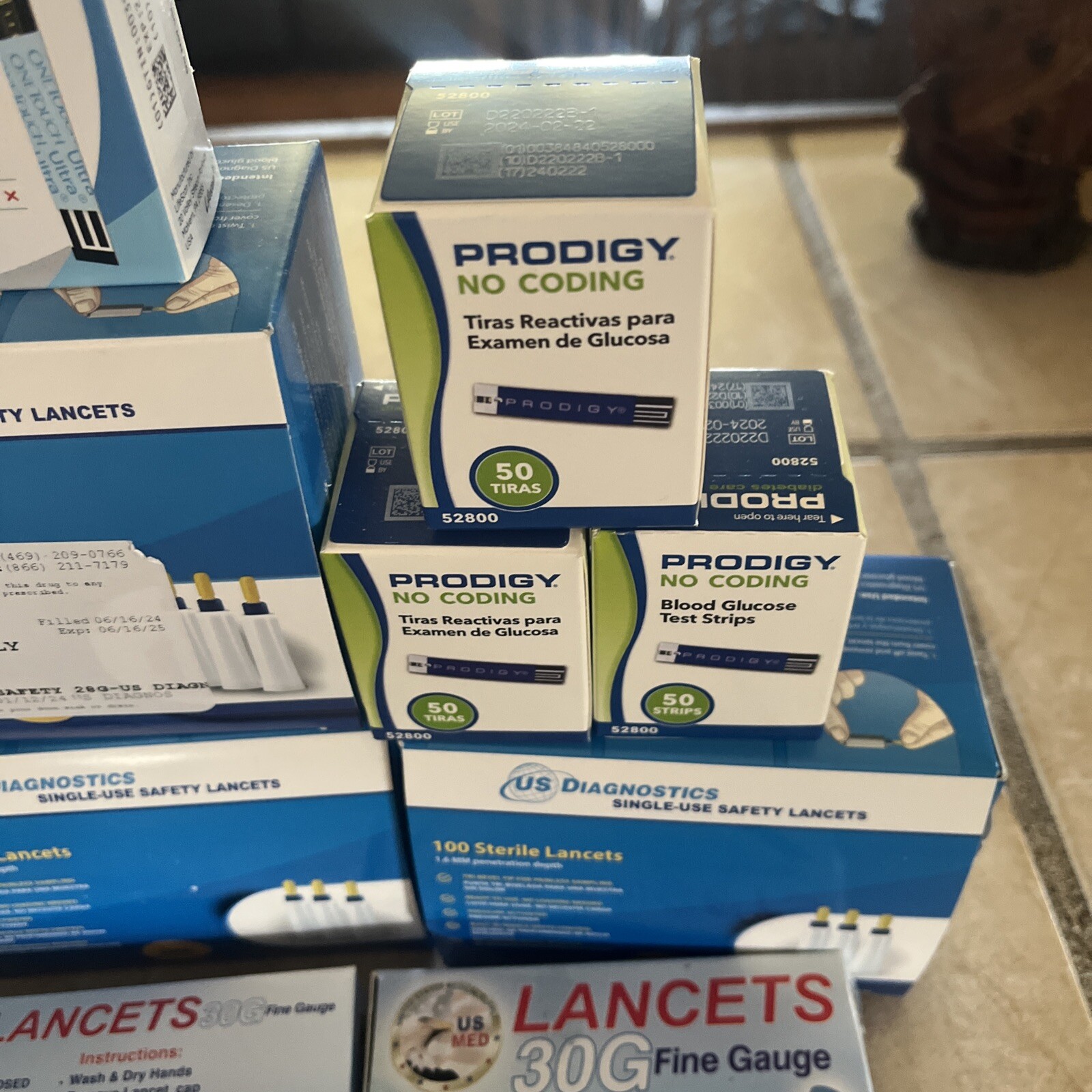 5 boxes of 100lancets 9 boxes 30g one touch and 3 boxes prodigylook description