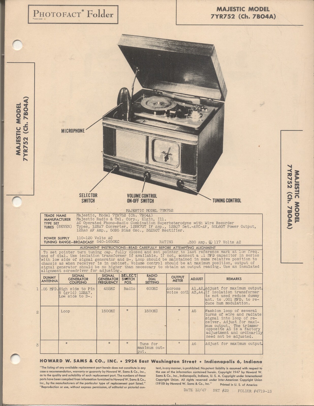 MAJESTIC Model 7YR752 Ch 7B04A, SAMS Photofact 1947, 4 Pages w/fold-out , NOS