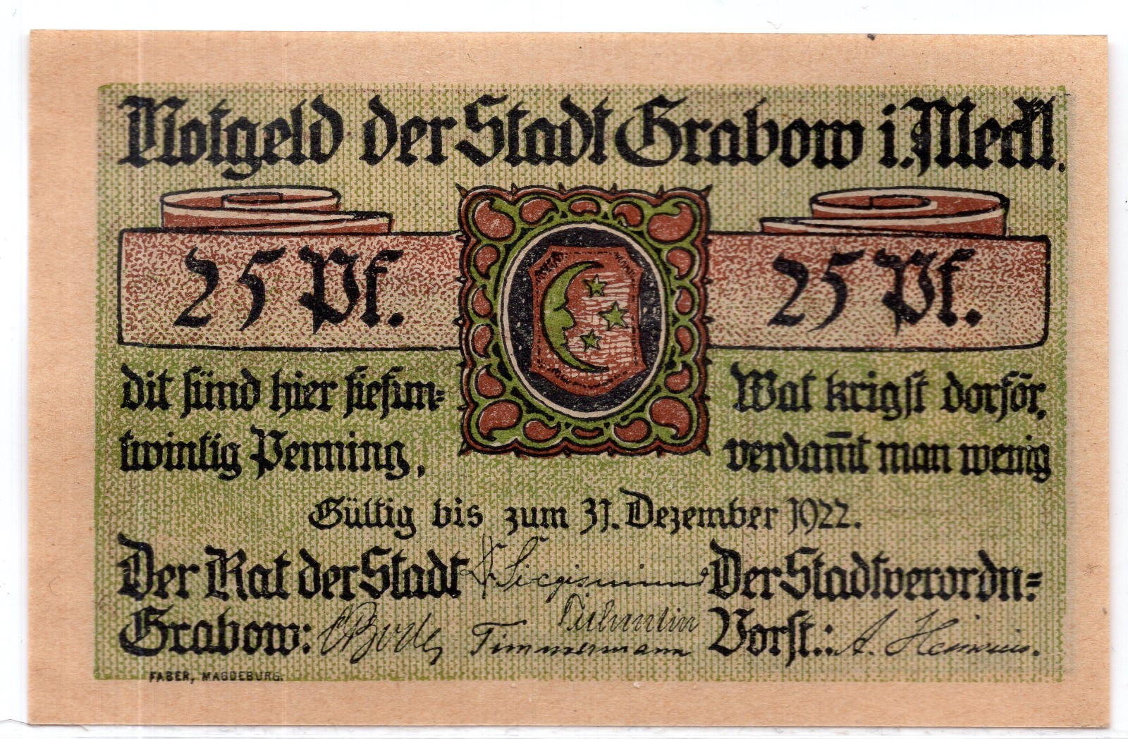 1922 Germany Grabow Notgeld 25 Pfennig Note (NG231)