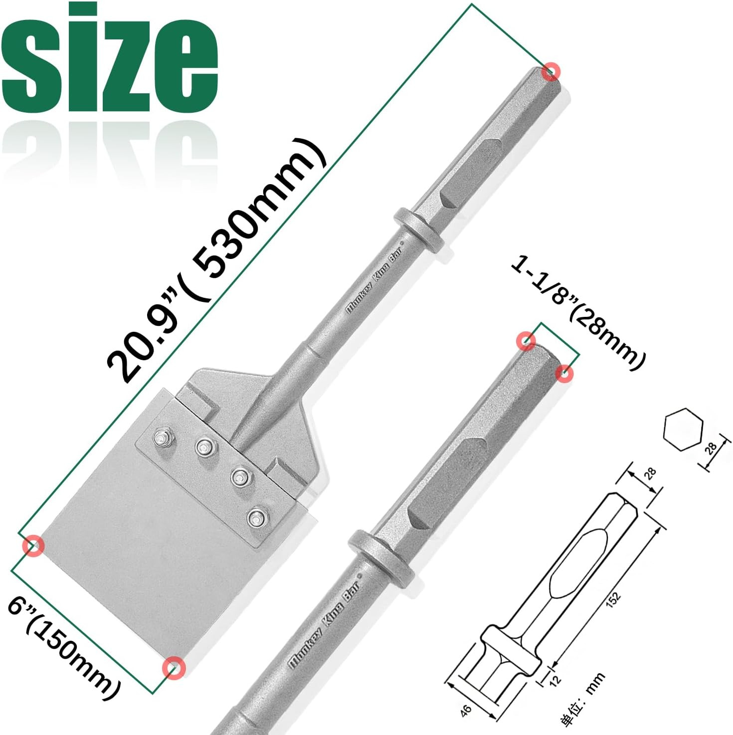 -Hex/Notch 1-1/8" Floor Scraper-21" x 6"Heavy Duty Chisel-Adhesive Removal, Thin