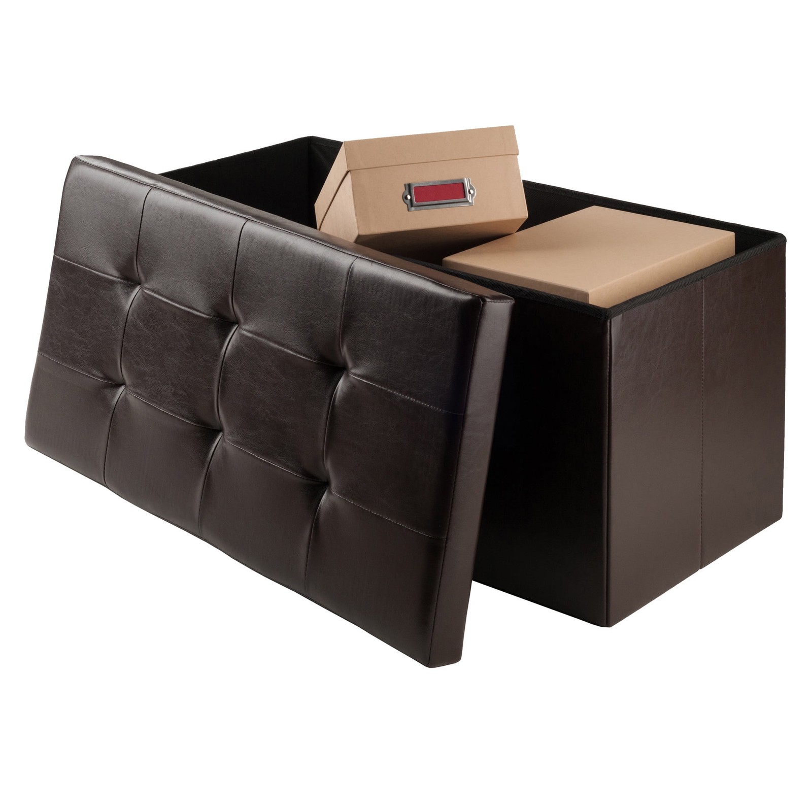 Wood Ashford Rectangular Storage Ottoman Black Faux Leather