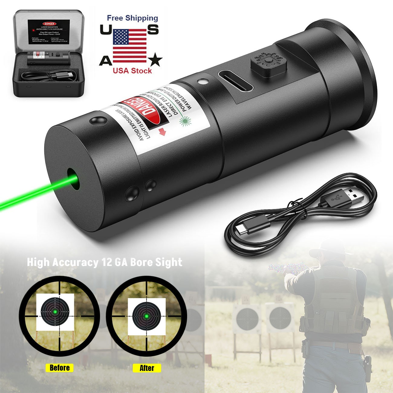 12GA Green Laser Bore Sight Kit Rechargeable 12Gauge Boresighter - On/Off Switch