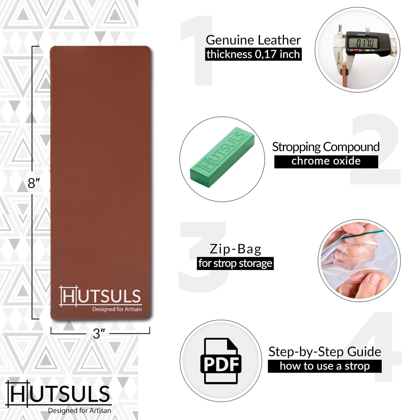 Hutsuls Brown Leather Strop with Compound - Get Razor-Sharp Edges 3x8,