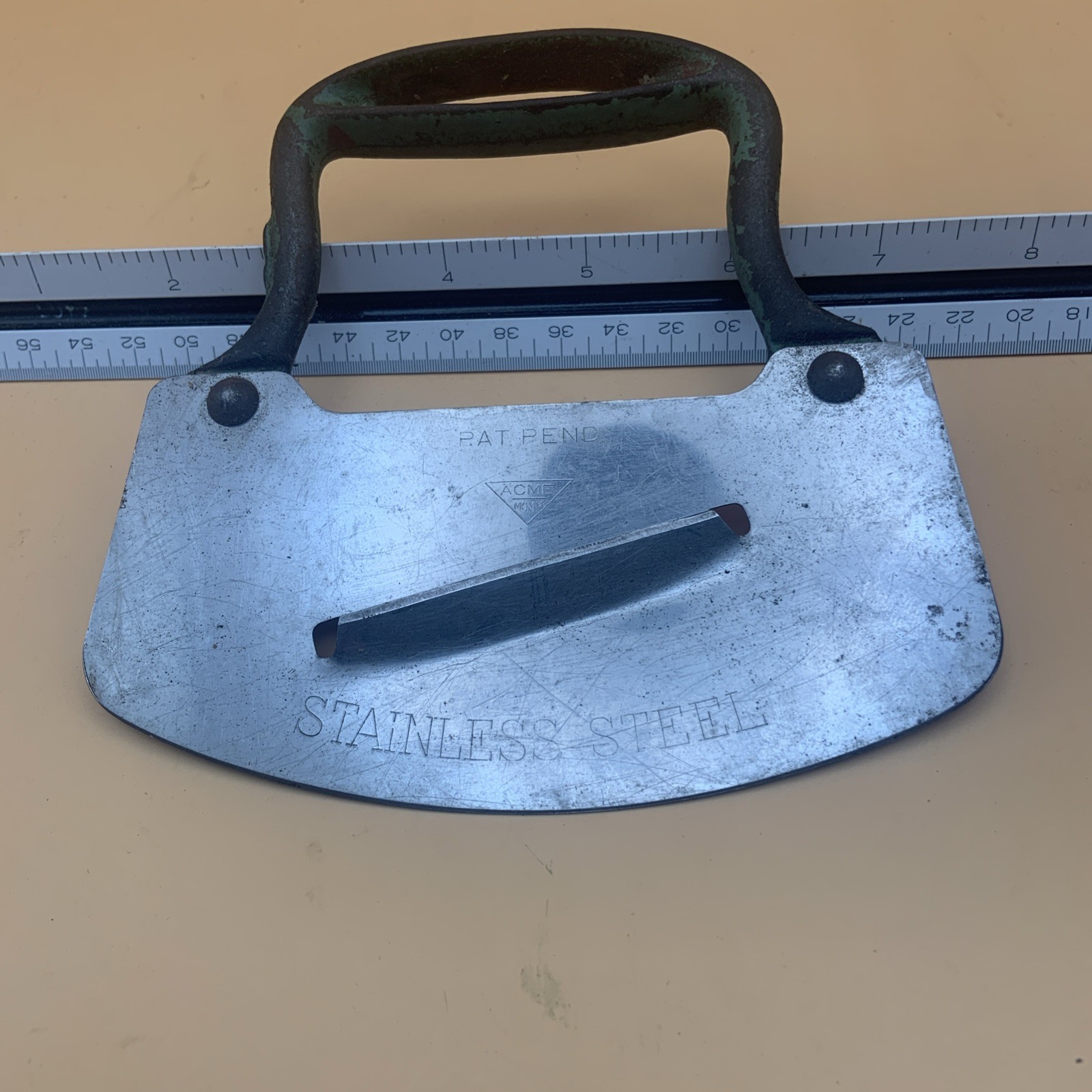 Vintage Acme Single Blade Kitchen Food Chopper Metal Handle w/ Slicer on Blade