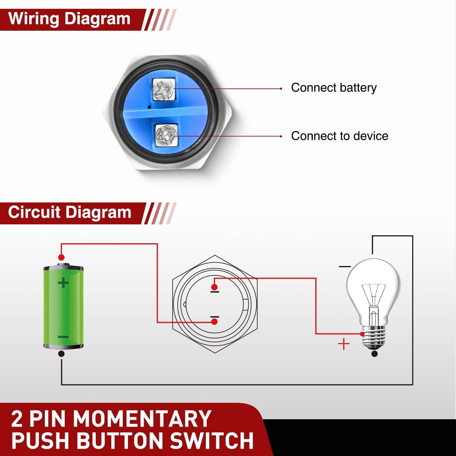 Nilight 16mm Momentary Push Button Switch Waterproof 2PCS 2 Pin Screw Terminal