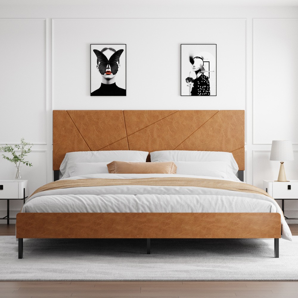 King Size Bed Frame Metal Platform w/ Upholstered Headboard & Under-Bed Storage