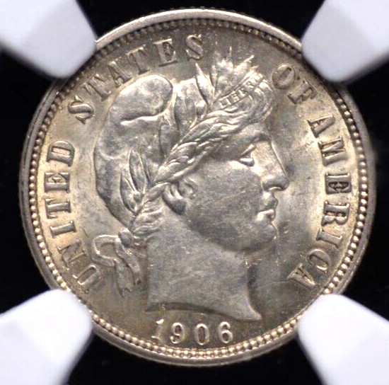 1906 BARBER DIME NGC MS 62 FROSTY WHITE WITH A HINT OF VANILLA, GOOD STRIKE AND