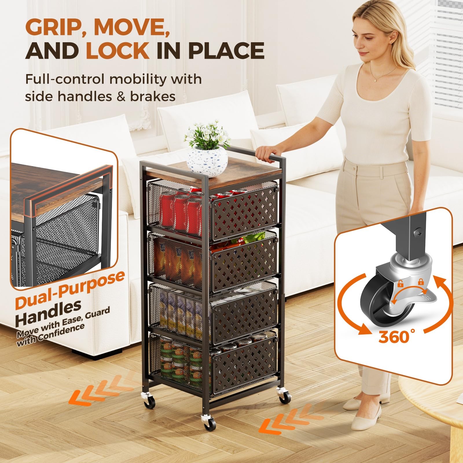 5 Tier Kitchen Storage Cart with Wheels, Utility Fruit Vegetable Storage Rack