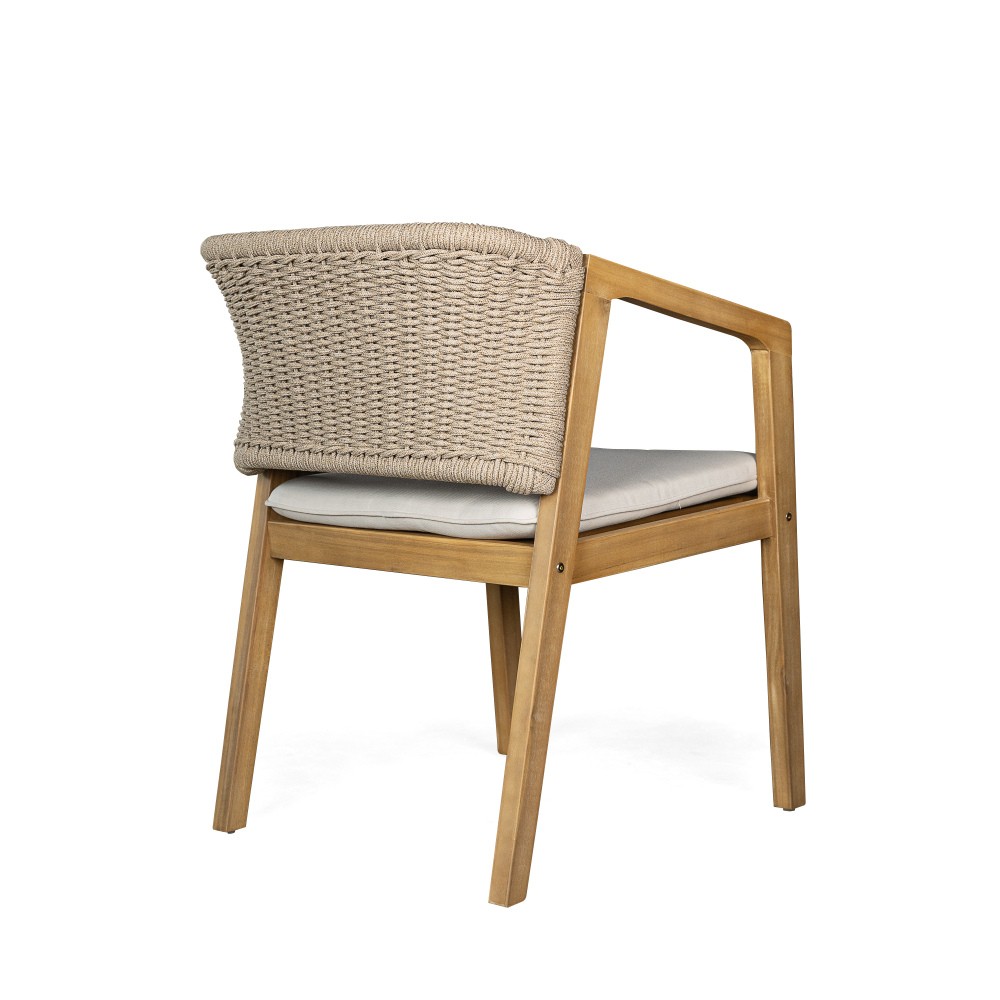 Dining Chair Set of 2 - Light Teak Acacia Wood, Patio Style with Rope Backrest