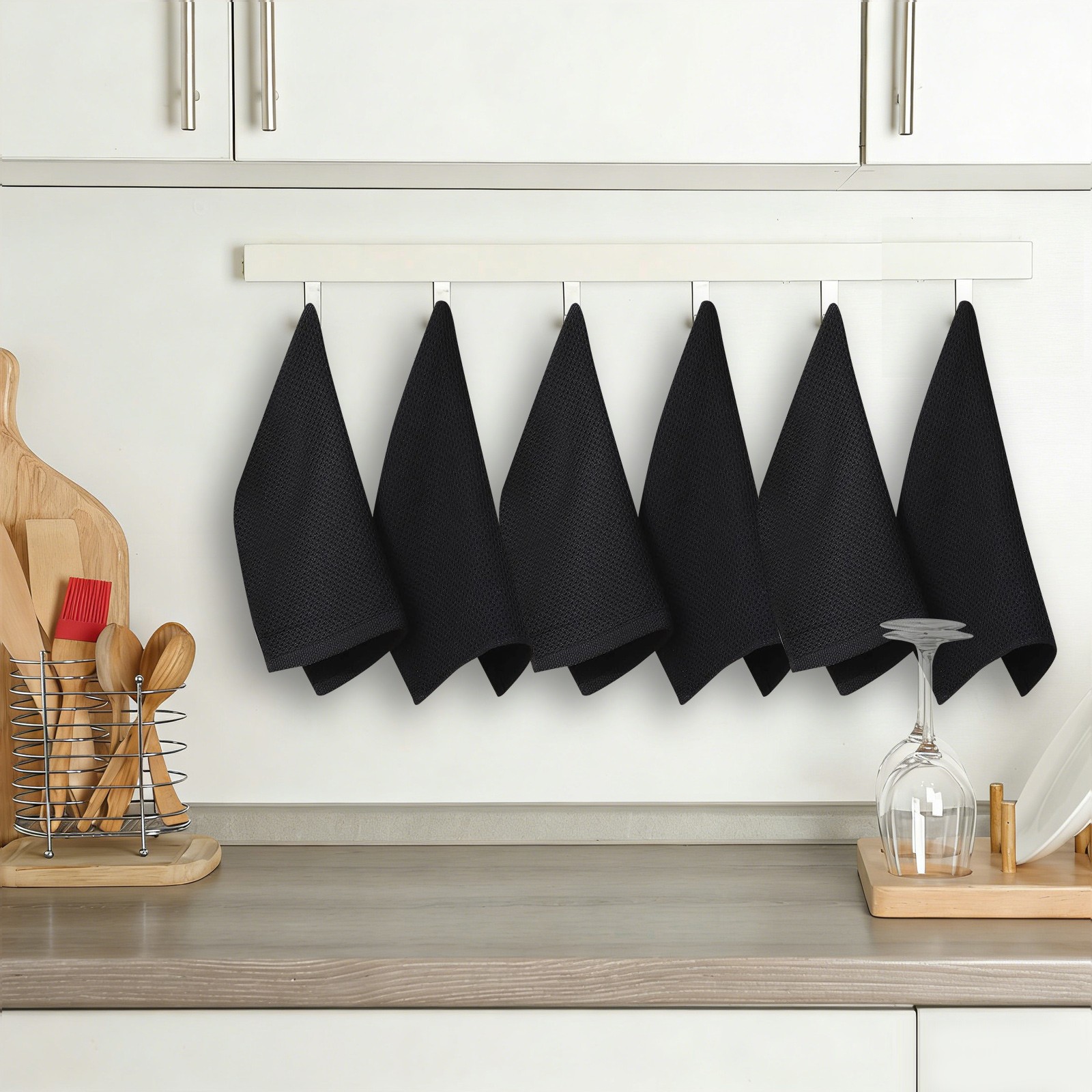 6 pcs 12*12in Cotton Waffle Weave Kitchen Dish Cloths, 6-Pack Black Dishcloths
