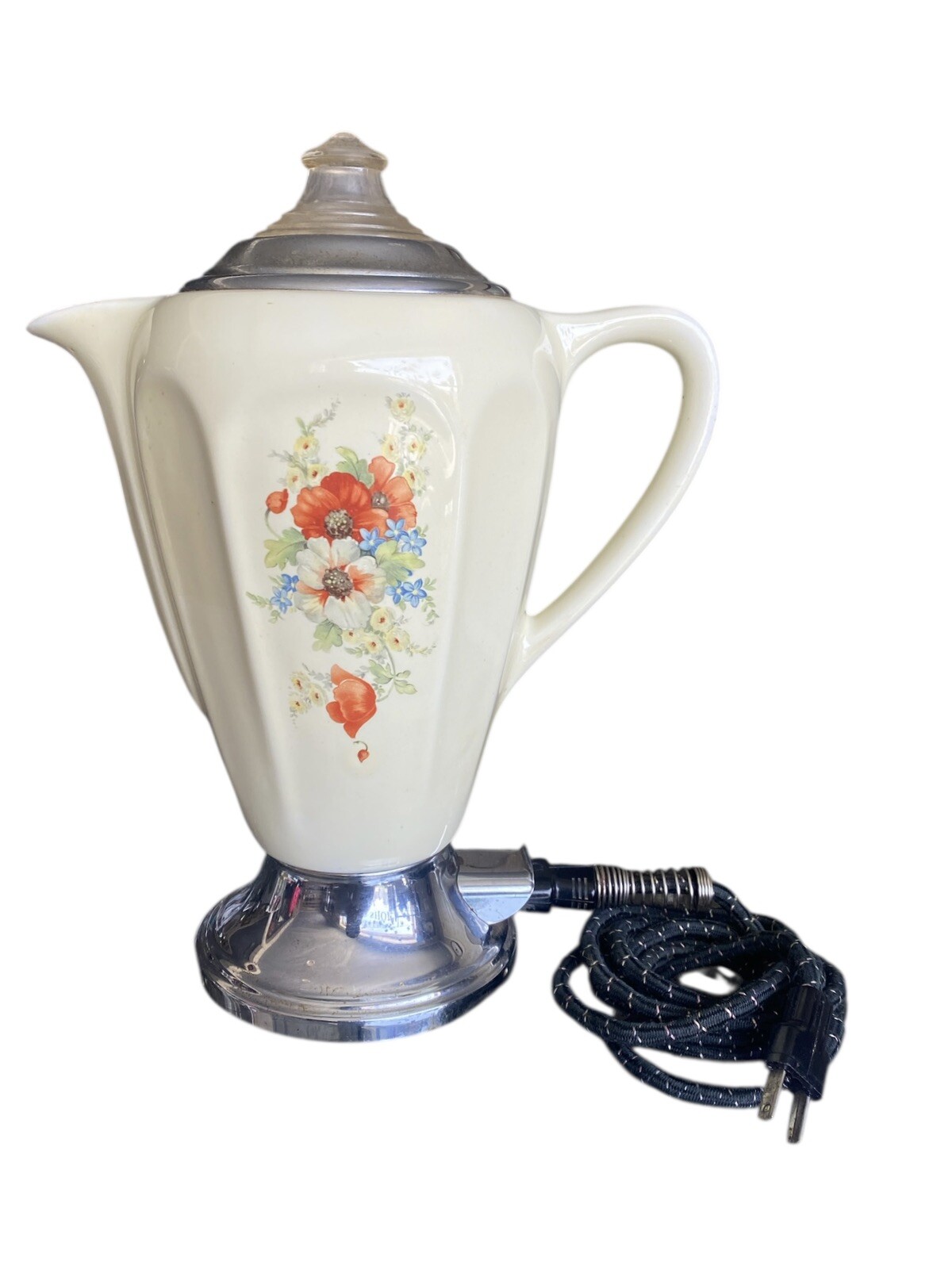 Ceramic Coffee Pot Percolator Floral Beige Cream VTG Kitchen Appliance READ