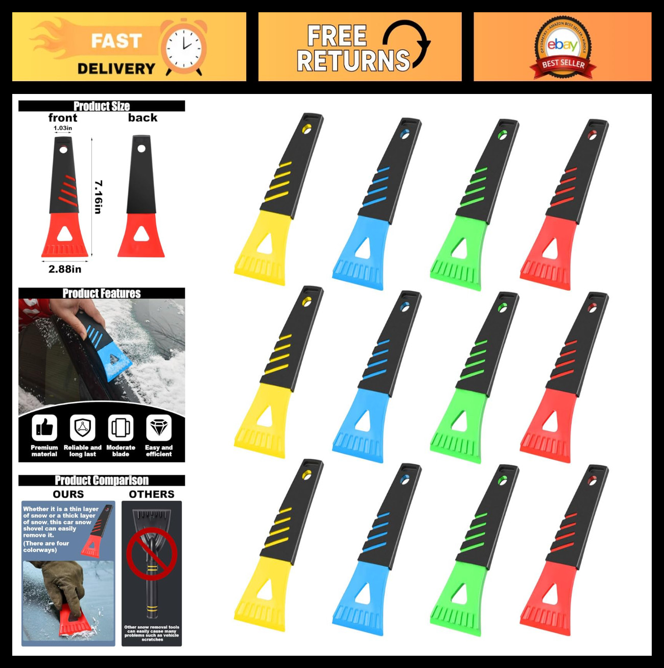 12PCS Car Windshield Ice Scraper Set - Non-Slip Frost Removal Tool for Winter