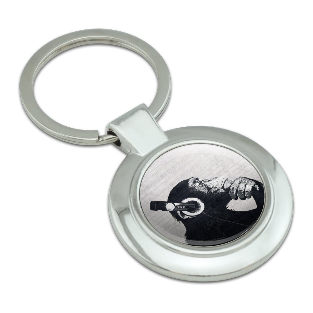 Headphone Chimp Monkey Wall Classy Round Chrome Plated Metal Keychain