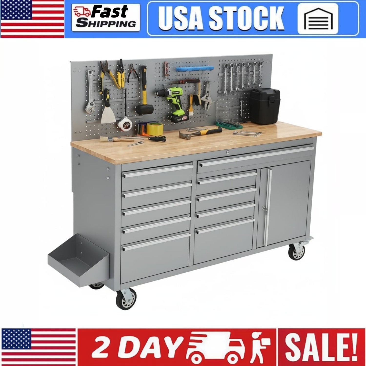 🔥61inch Rolling Tool Chest Garage Workbench Storage Tool Cabinet Strip 10 Drawe