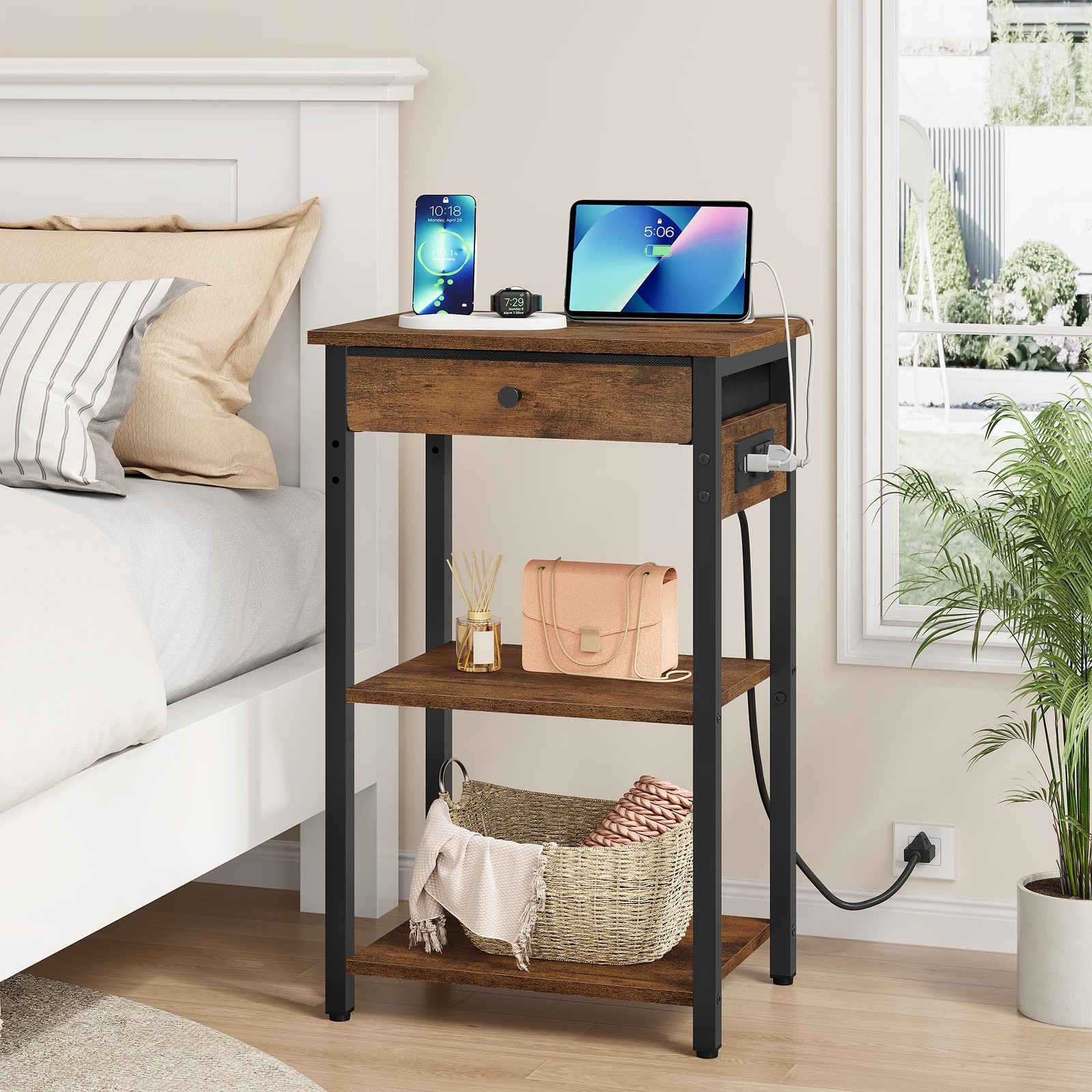 Printer Stand with Power Outlets, 3-Tier Under 3 layer & CS, Rustic Brown