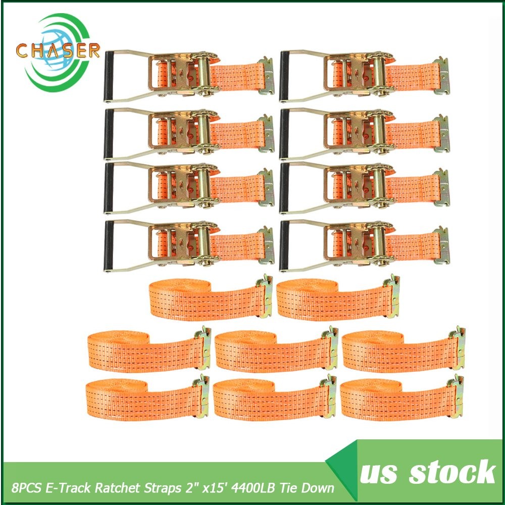 2" x 15' E-Track Ratchet Heavy Duty Straps 4400 lbs Orange Tie Down Strap 8 Set