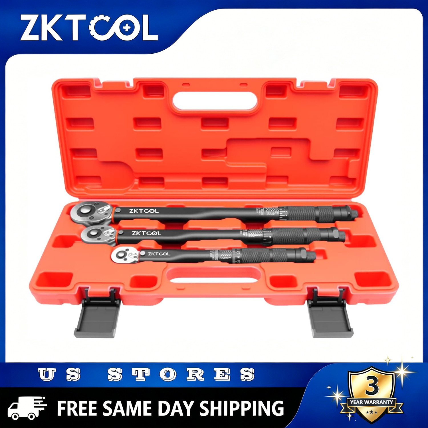 ZKTOOL 3PCS Torque Wrench Set 1/4 3/8 1/2-In ±3% Accuracy Click Torque Wrenches