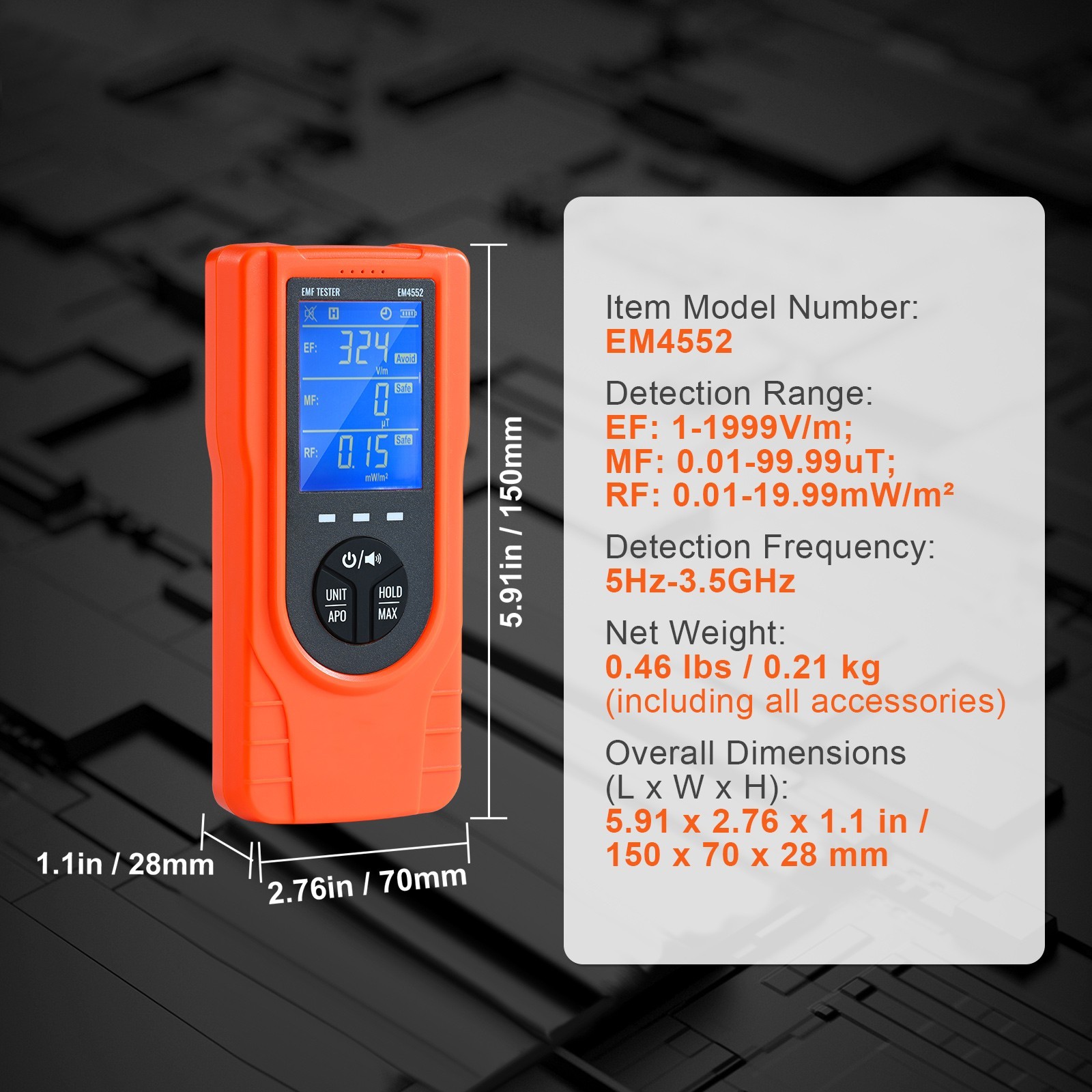 EMF Meter, 5Hz 3.5GHz, Handheld Rechargeable Electromagnetic