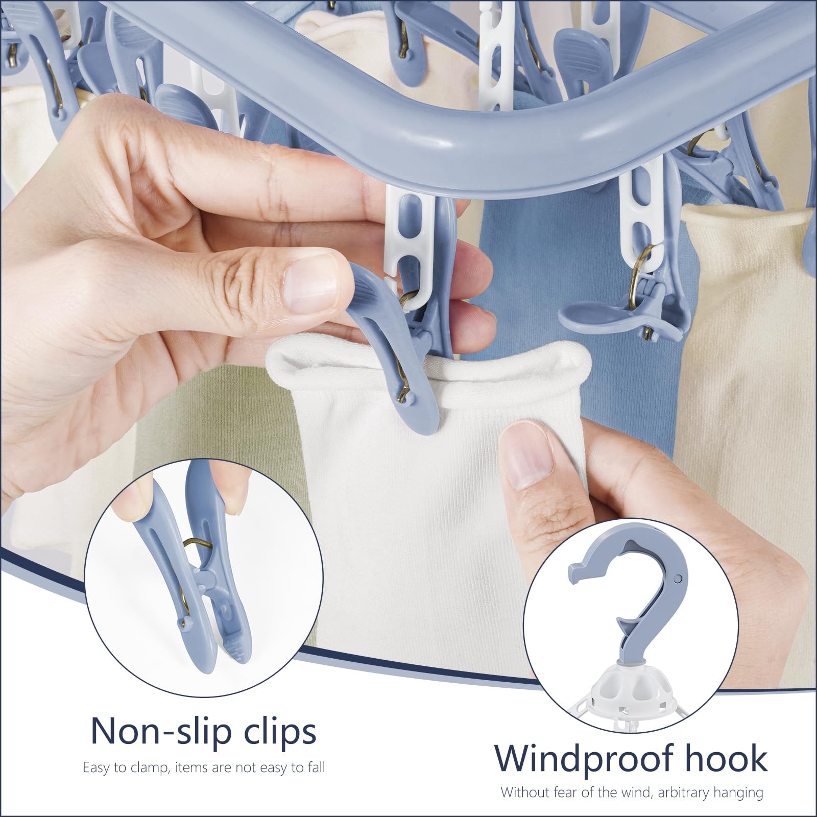 Clothes Drying Rack with 32 Clothespins, Bule Foldable Hanging Drying Racks, ...