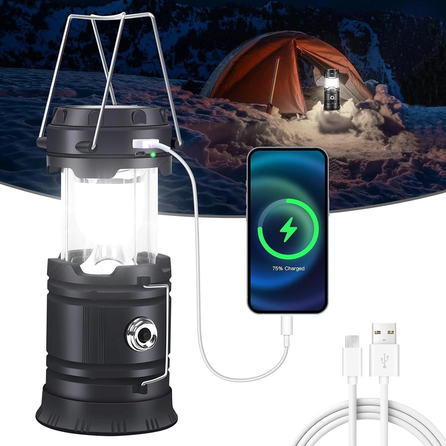 2x Solar Camping Lantern Flashlight Lamp Portable Rechargeable LED USB Power