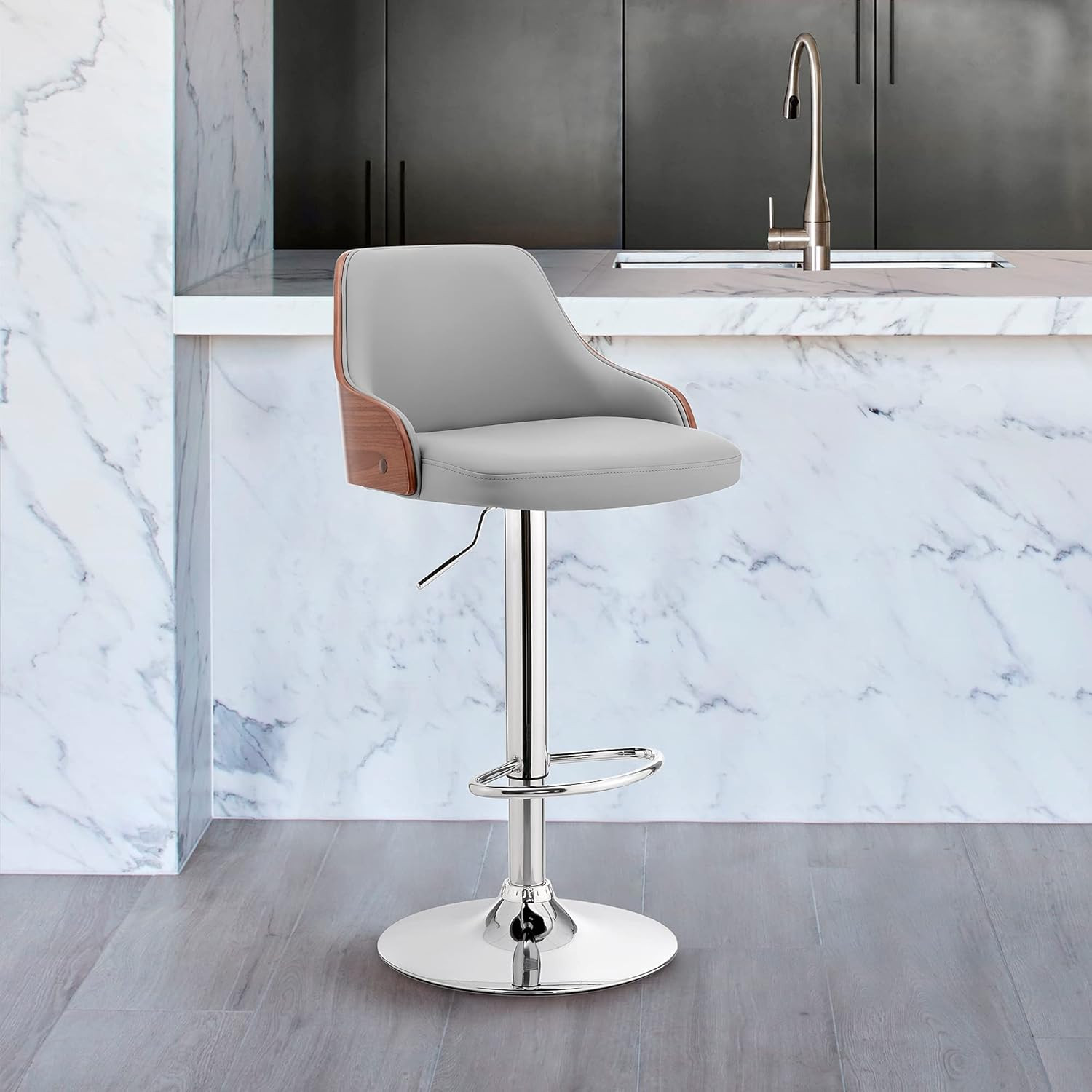 Modern Adjustable Gray Faux Leather Bar Stool with Walnut Wood Base