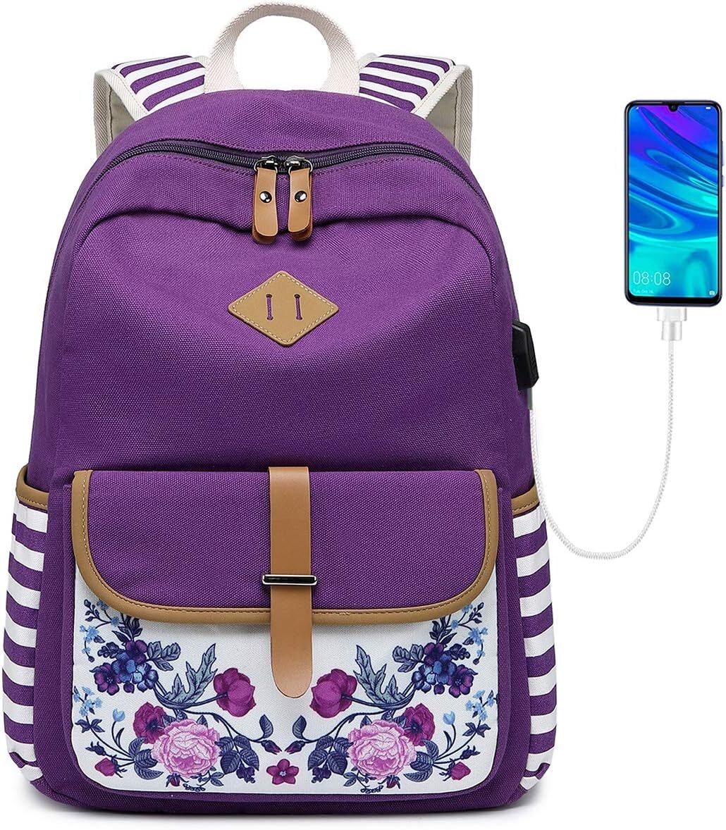Goldwheat Girls Backpack Canvas Schoolbag Bookbag Laptop Bag Rucksack Purple