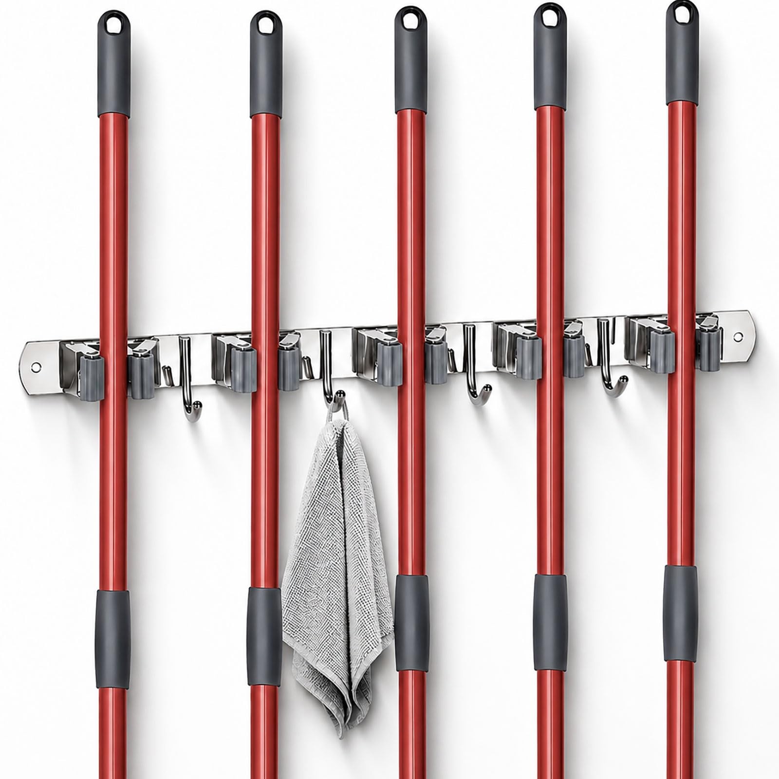voze 5 Racks and 4 Hooks Mop and Broom Holder Wall Mount, Self Adhesive Heavy Du