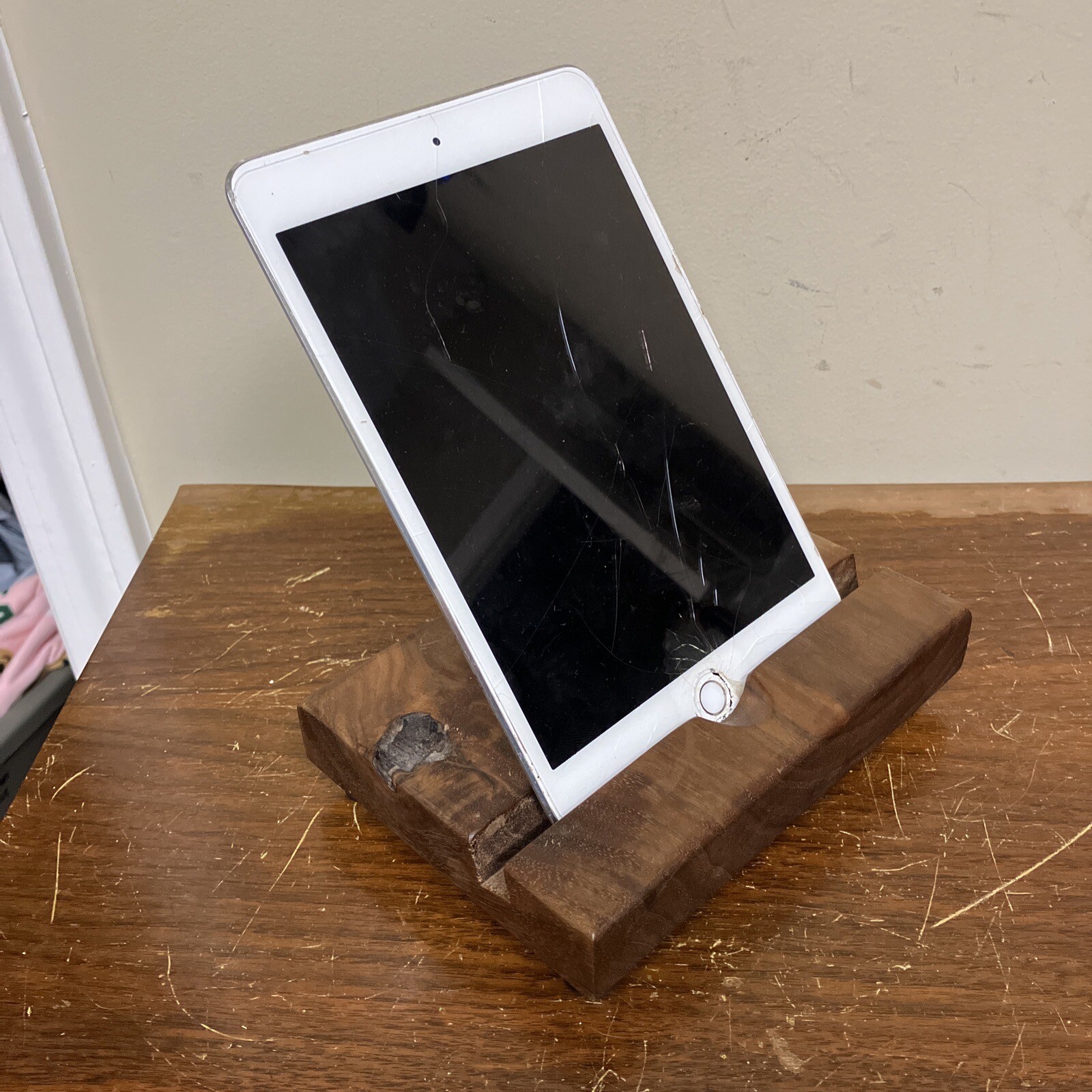 Handcrafted Walnut Wood Smartphone / Tablet Stand Holder Charging Port & Cutout