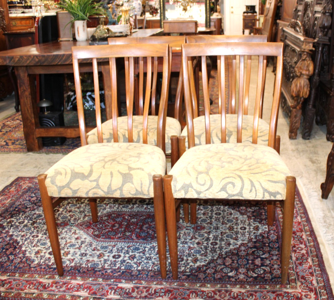 Set of 4 Mid Century Teak Wood Dining Chairs Upholstered