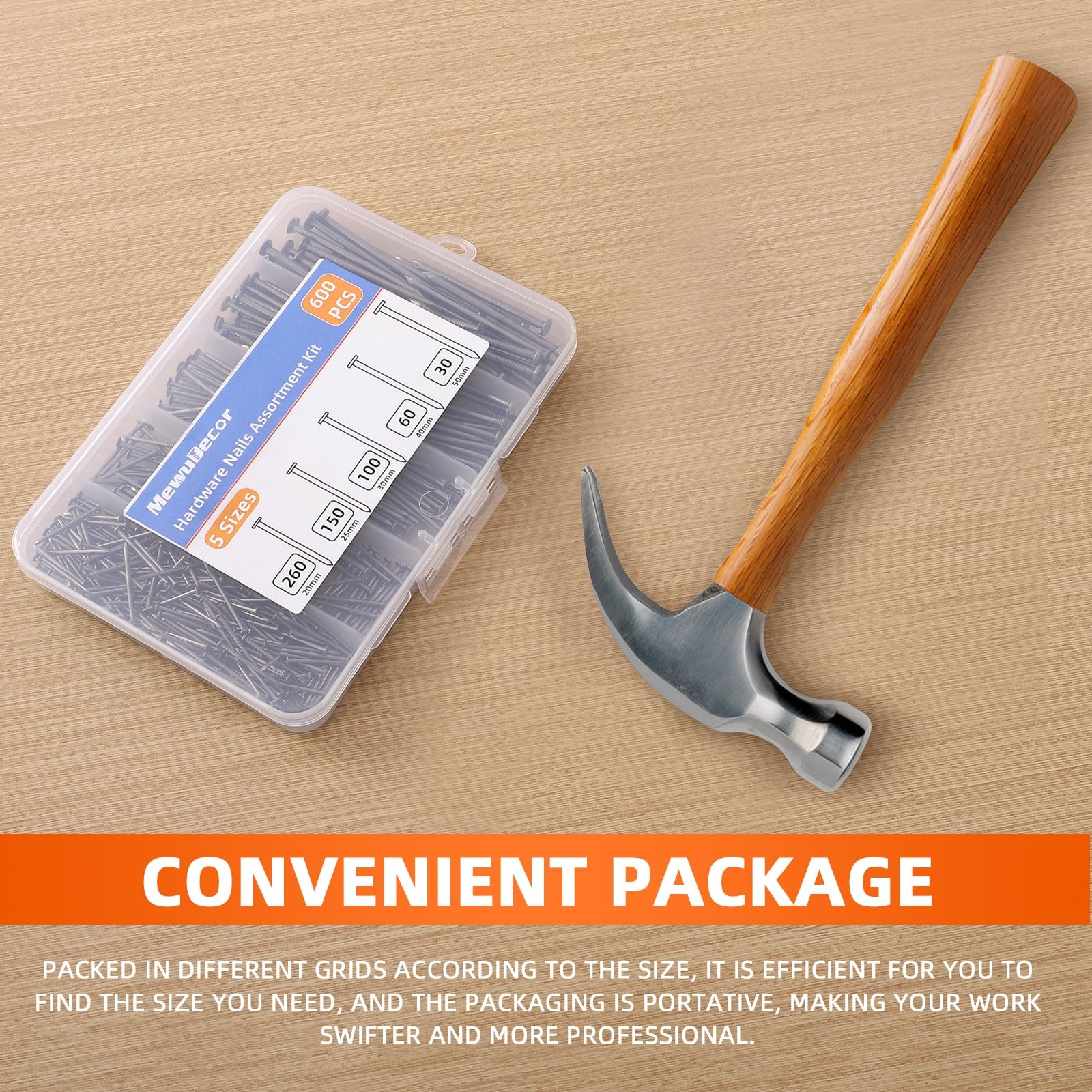 5 Sizes Hardware Nails Assortment Kit, Flat for Picture Wall Silver