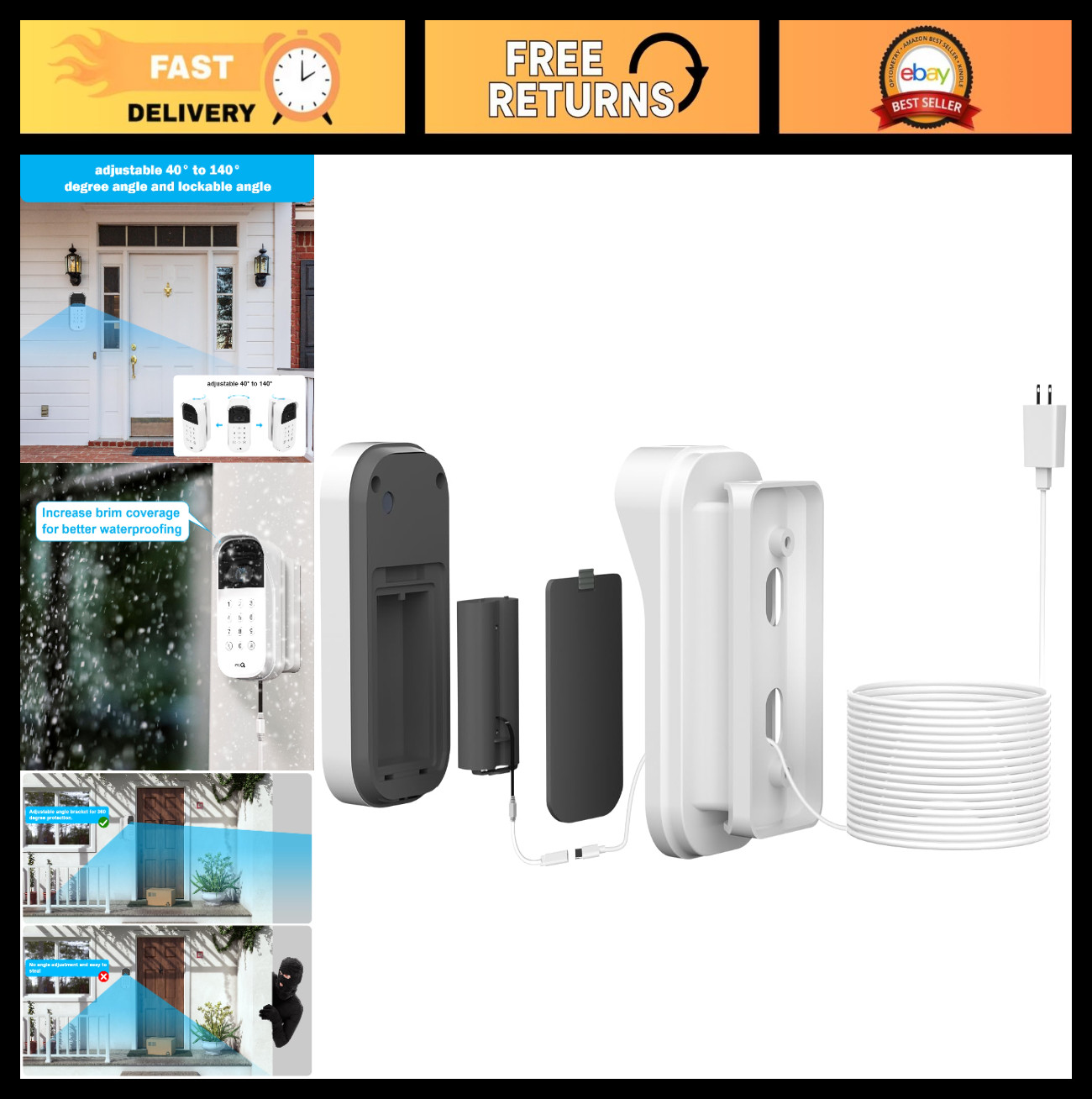 30ft Power Adapter Kit for Smart Garage Video Keypad, Adjustable Mounting Bracke