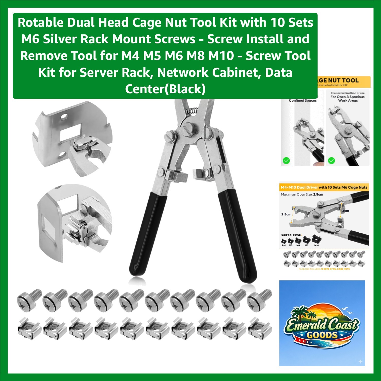 Rotable Dual Head Cage Nut Tool Kit with 10 Sets M6 Silver Rack Mount Screws ...