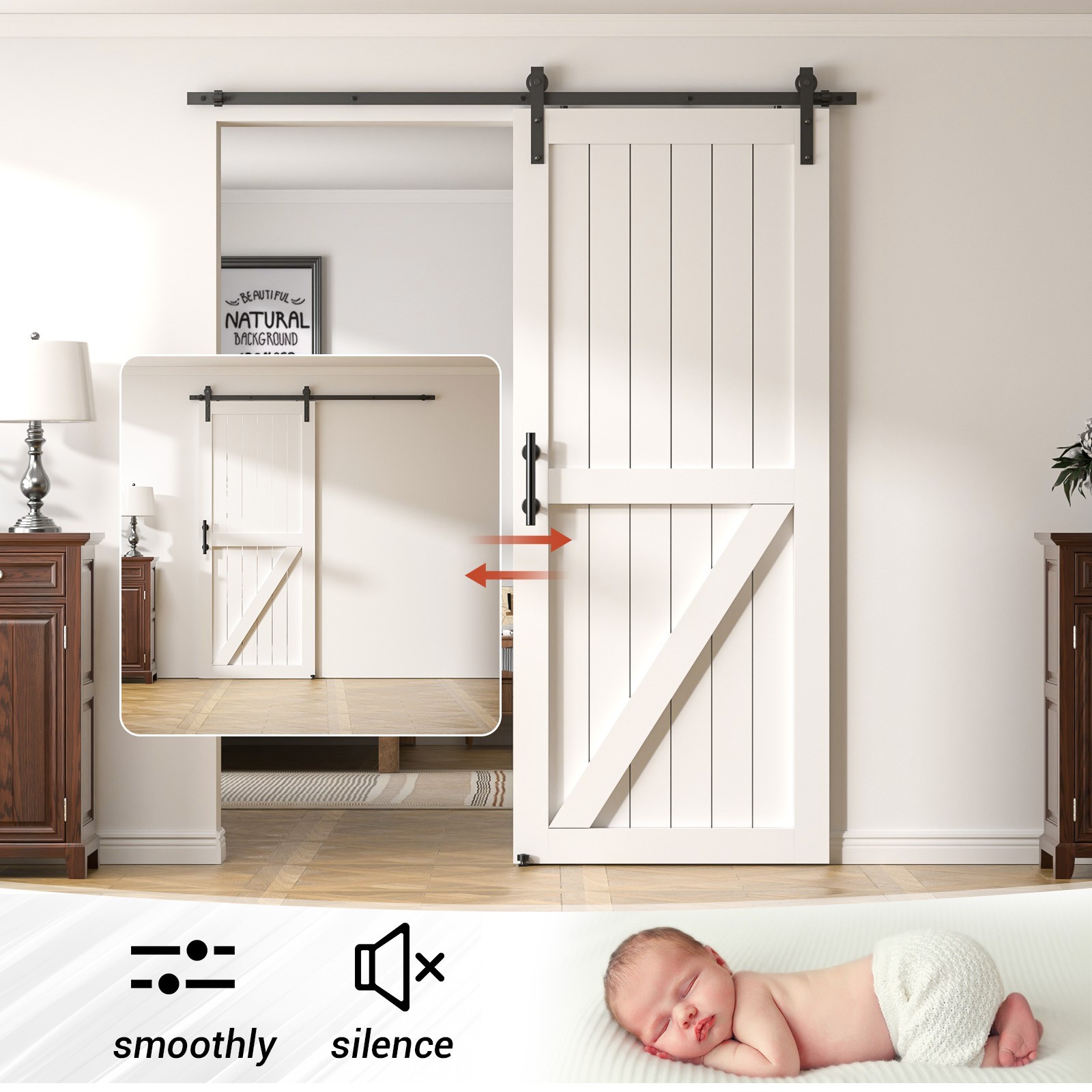 6FT Sliding barn door hardware kit & 9.5''Handle, Adjustable floor guide