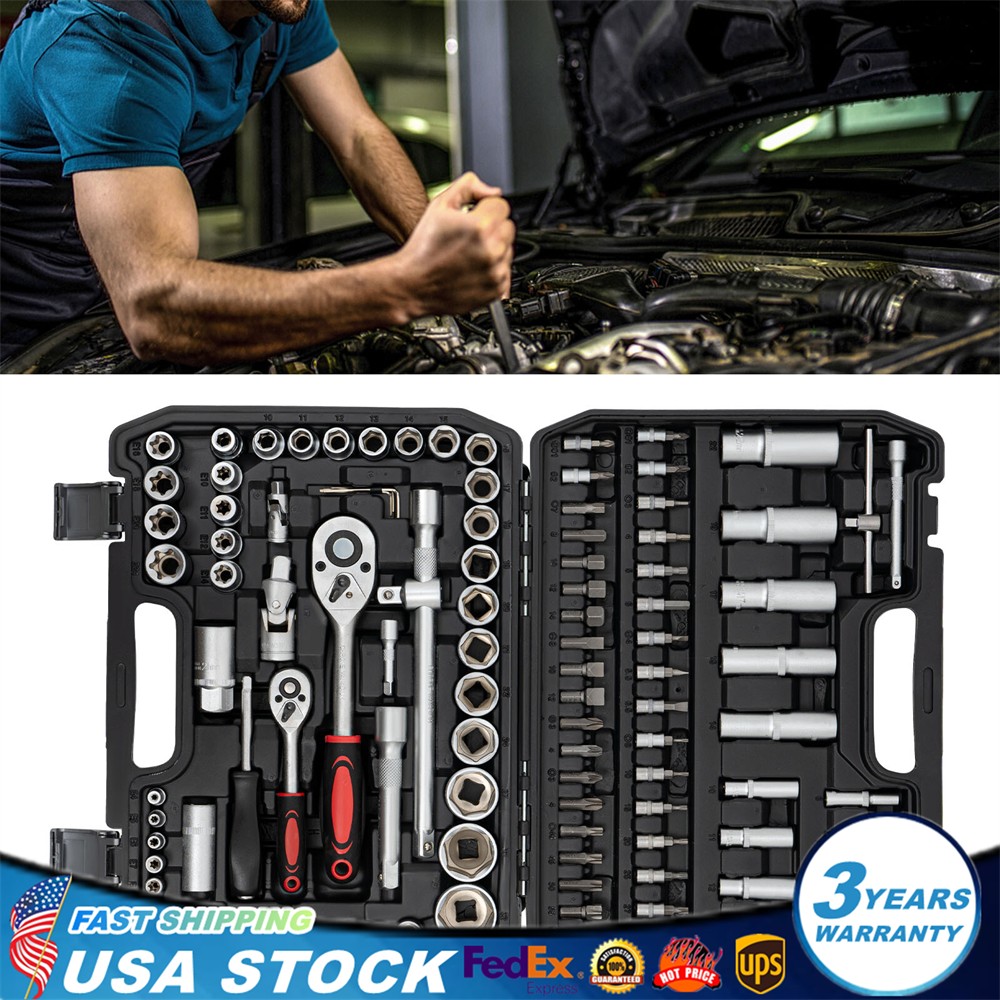 Ratchet Wrench Mechanics Tools Kit Metric 1/4 And 1/2 Drive Socket Set 108Pcs