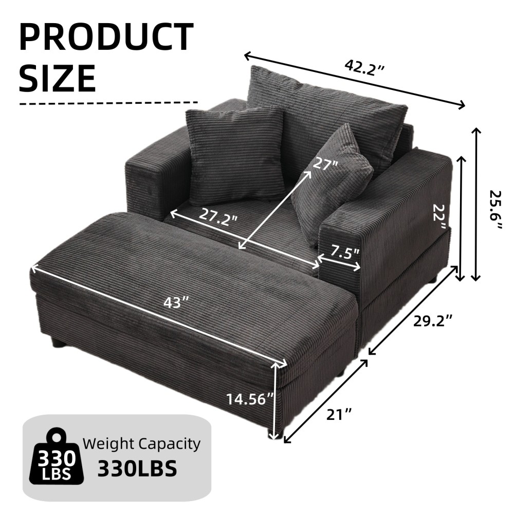 Modern Chaise Lounge Chair w/ Ottoman Sleeper Sofa Bed Dark Gray Corduroy