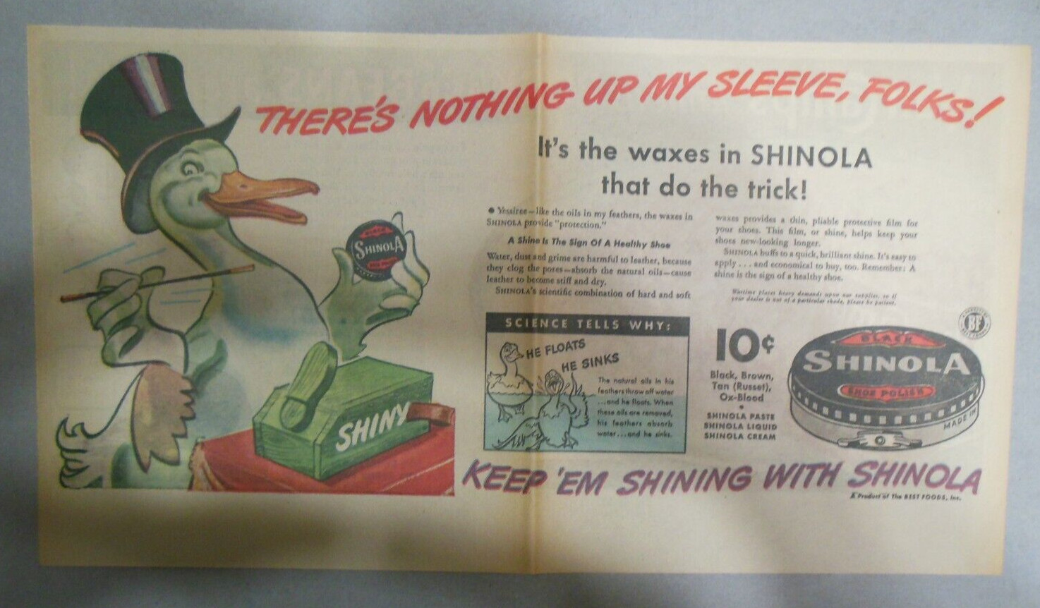 Shinola Shoe Polish Ad: Nothing Up My Sleeve Folks! 1940's Sze: 7. 5 x 15 inches
