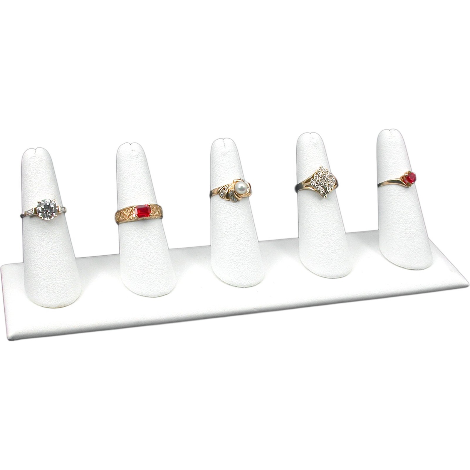 White Faux Leather 5 Finger Ring Jewelry Display 8" x 2 1/2 "
