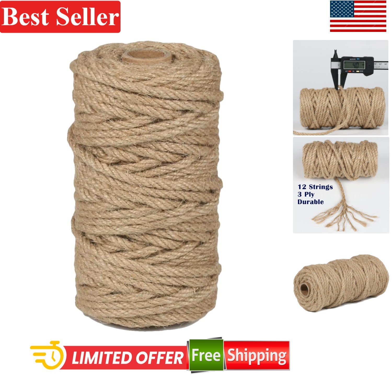 Jute Rope 4mm x 120 Feet Heavy Duty Twine for Gardening Craft and Decoration
