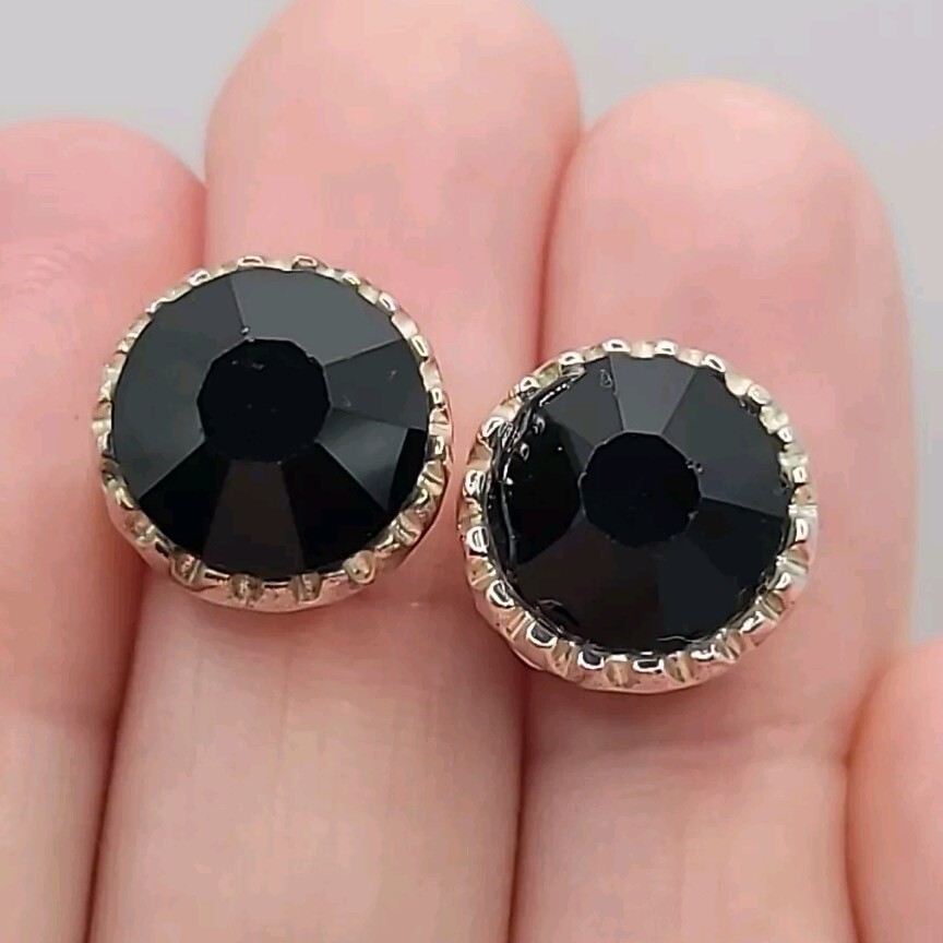 Lg Vtg Eight Corner Cut Black Fauceted Gem Silver Tone Stud Pierced Earrings