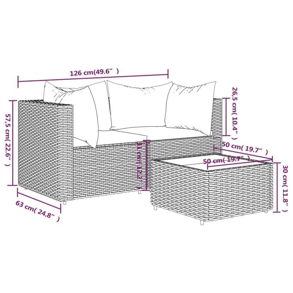 Patio Lounge Set Grey PE rattan, powder-coated steel, tempered glass