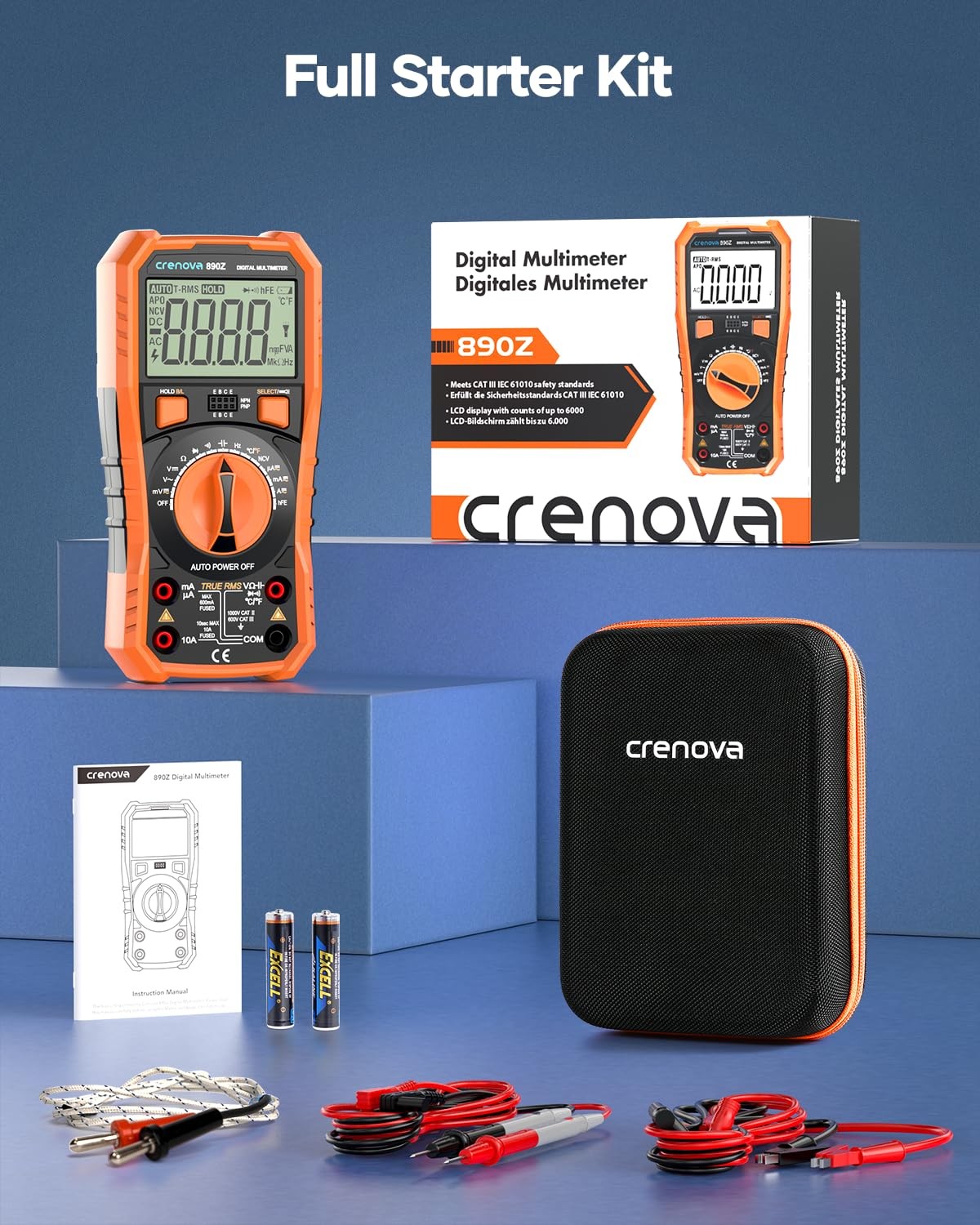 Auto-Ranging Digital Multimeter TRMS 6000 Counts AC DC Voltmeter Ohmmeter