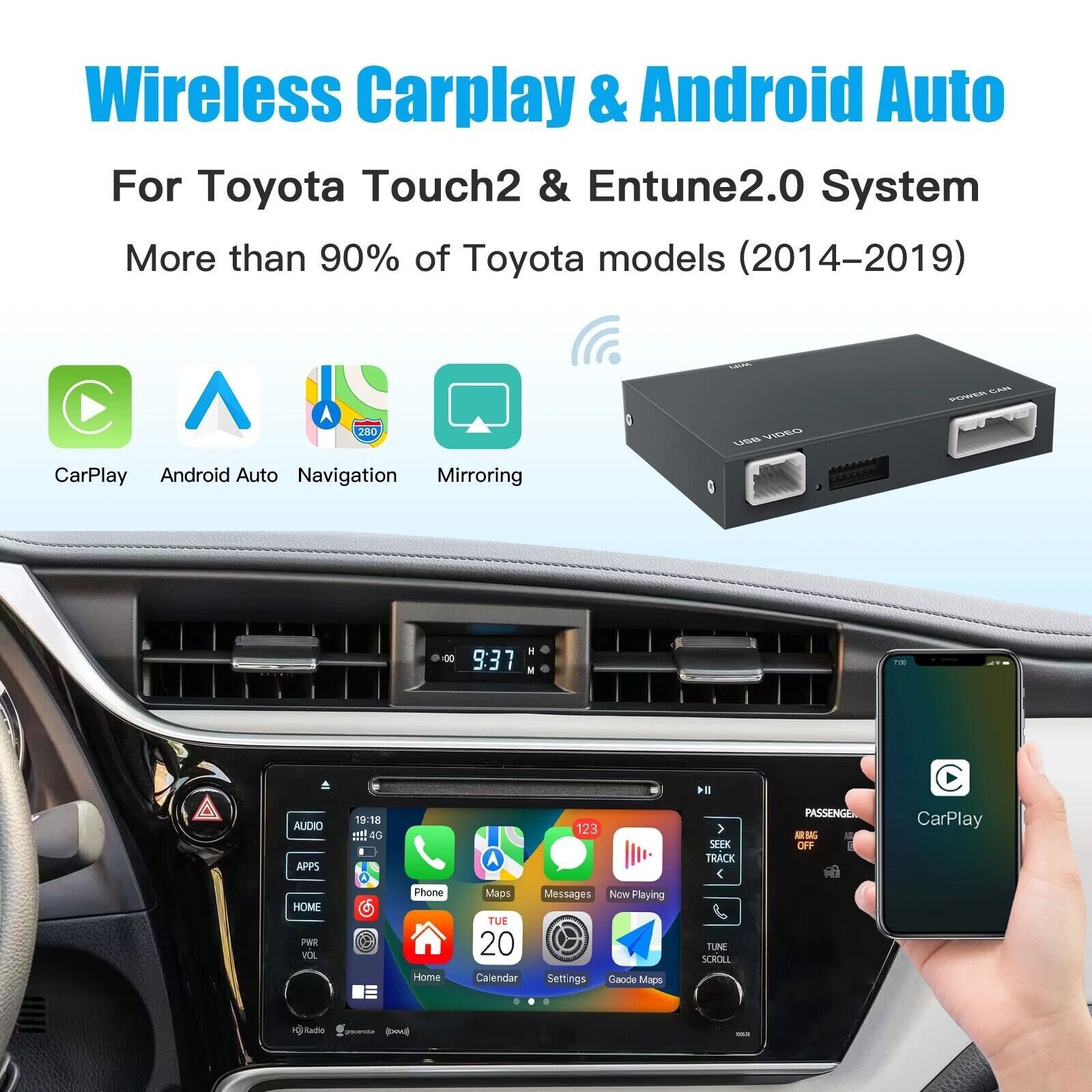 Wireless Carplay Android Auto for TOYOTA Touch 2 CHR Avalon RAV4 Highlande Black