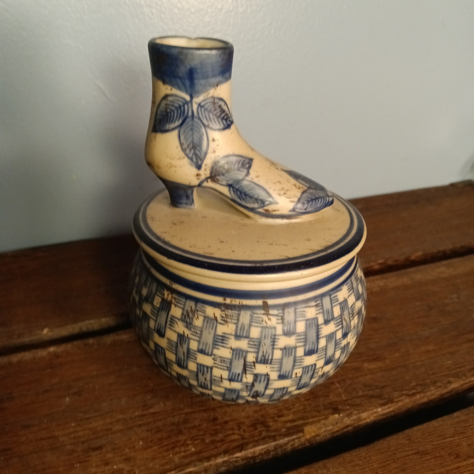Porcelain Trinket Dish With Shoe On Lid, Blue & Tan, 5.5" Tall