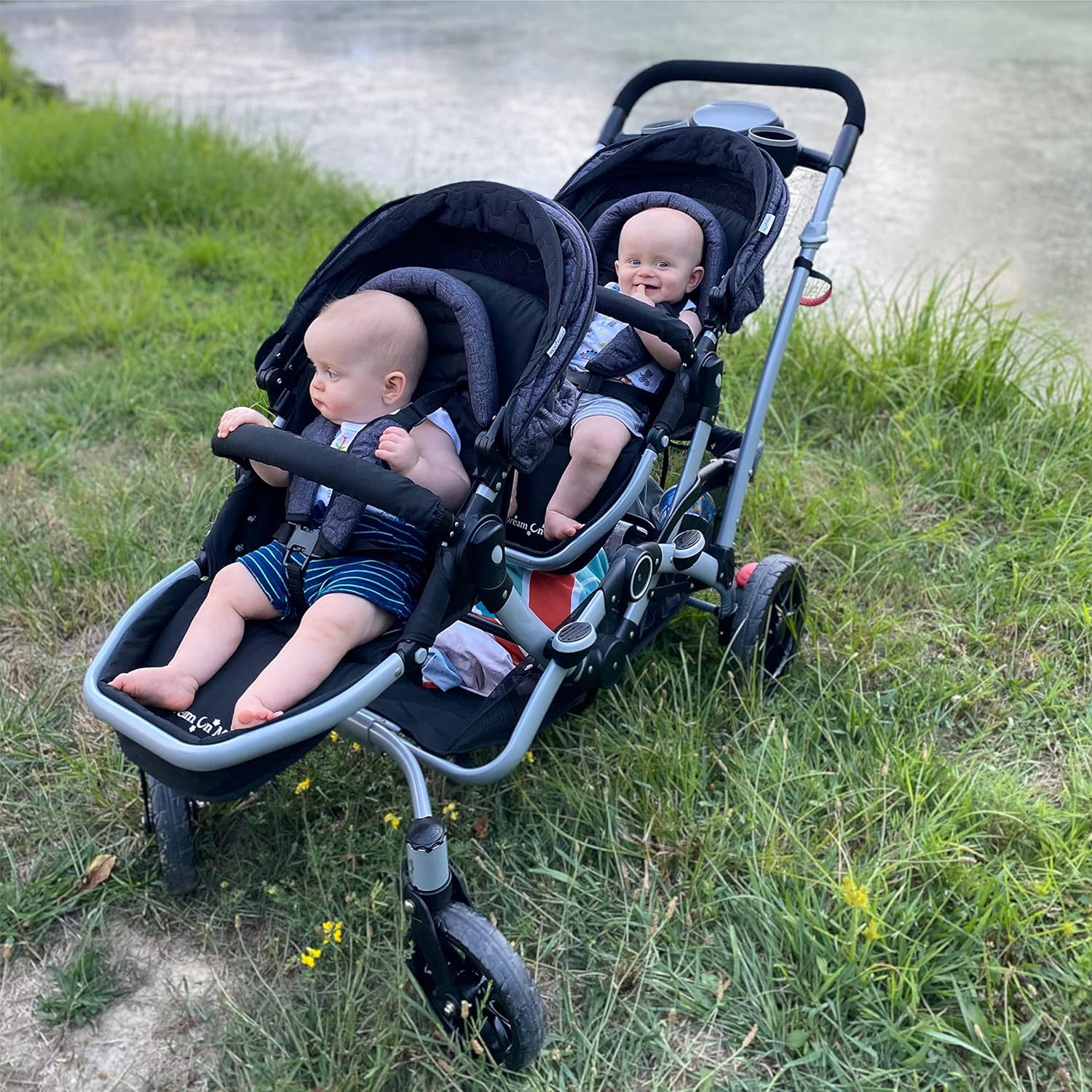 Track Tandem Double Umbrella Stroller in Slate, Lightweight Double Stroller for